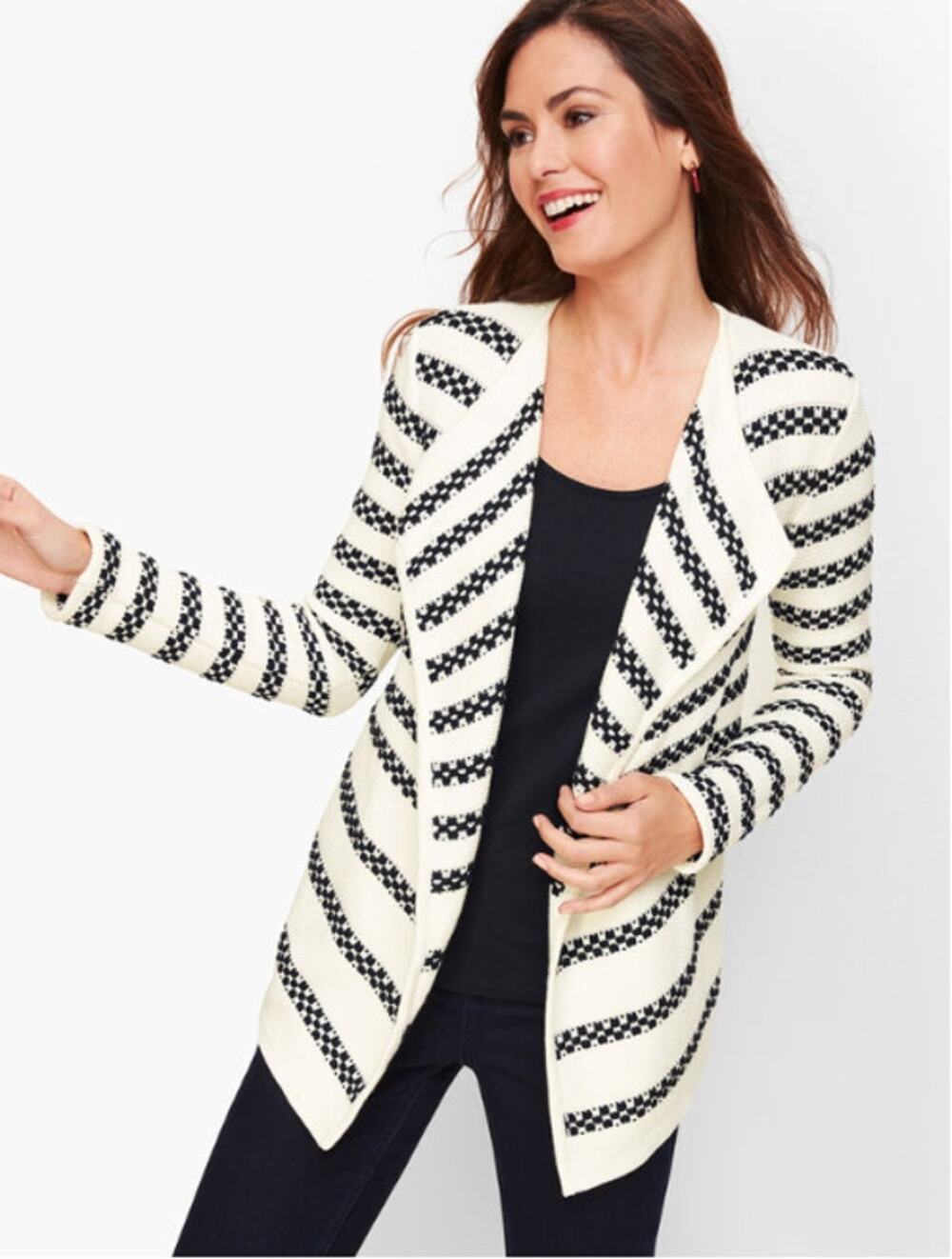 Talbots Black and White Striped Textured Open Cardigan Sweater // S Petite